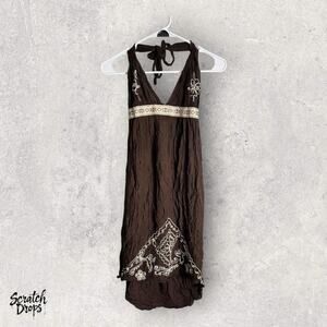 Uluwatu Bali Halter Dress Small Vintage Handmade Brown Embroidered Boho Chic